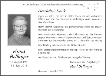 Traueranzeige von Anna Bellinger 