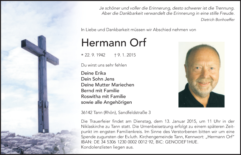  Traueranzeige für Hermann Orf vom 12.01.2015 aus 