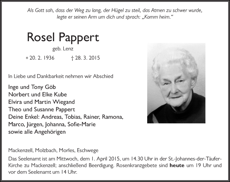  Traueranzeige für Rosel Pappert vom 31.03.2015 aus 
