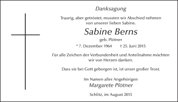 Traueranzeige von Sabine Berns 
