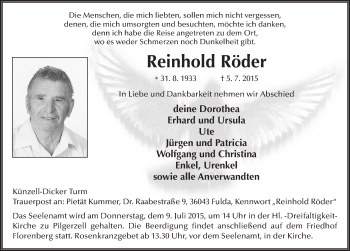 Traueranzeige von Reinhold Röder 
