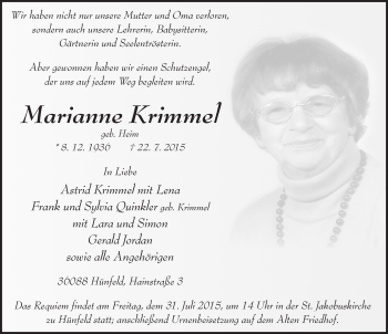 Traueranzeige von Marianne Krimmel 