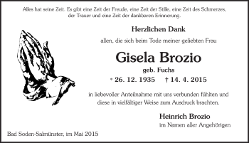 Traueranzeige von Gisela Brozio 