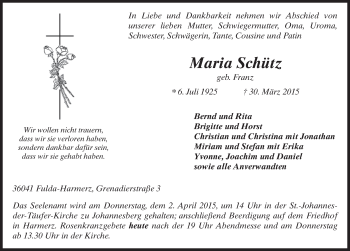 Traueranzeige von Maria Schütz 