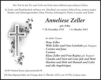 Traueranzeige von Anneliese Zeller 