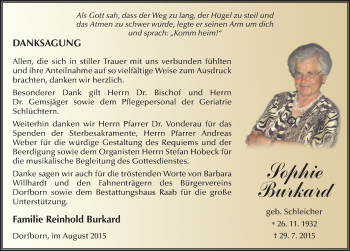 Traueranzeige von Sophie Burkard 
