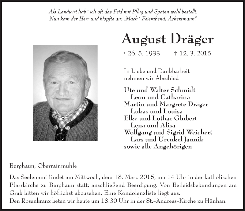  Traueranzeige für August Dräger vom 14.03.2015 aus 