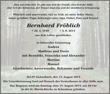 Traueranzeige von Bernhard Fröhlich 