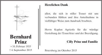 Traueranzeige von Bernhard Prinz 