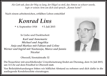 Traueranzeige von Konrad Lins 