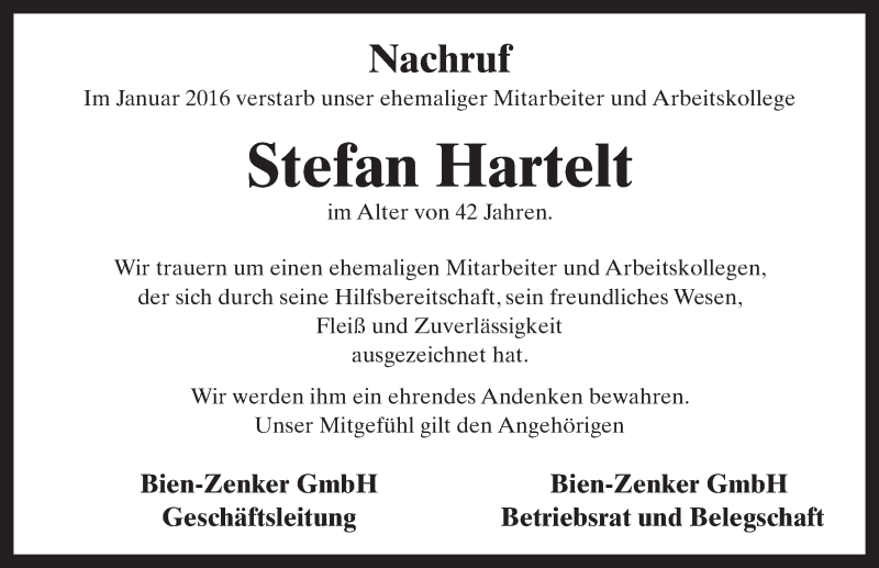  Traueranzeige für Stefan Hartelt vom 20.01.2016 aus 