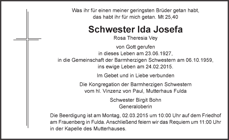  Traueranzeige für Rosa Theresia / Schwester Ida Josefa Vey vom 27.02.2015 aus 