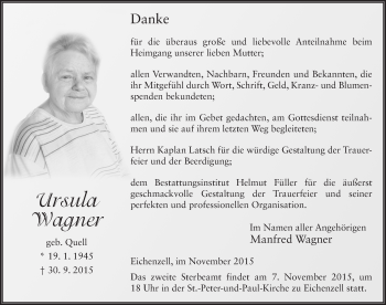 Traueranzeige von Ursula Wagner 