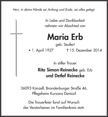Traueranzeige von Maria Erb 