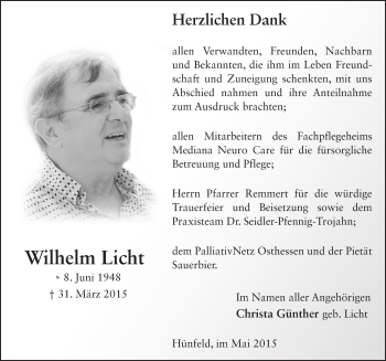Traueranzeige von Wilhelm Licht 