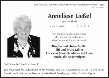 Traueranzeige von Anneliese Ließel 