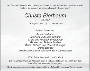 Traueranzeige von Christa Bierbaum 