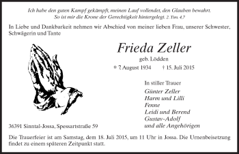 Traueranzeige von Frieda Zeller 
