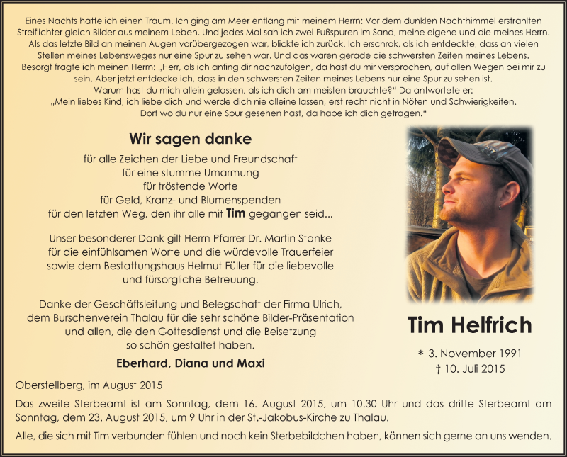  Traueranzeige für Tim Helfrich vom 15.08.2015 aus 
