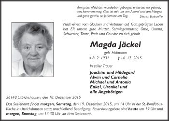 Traueranzeige von Magda Jäckel 