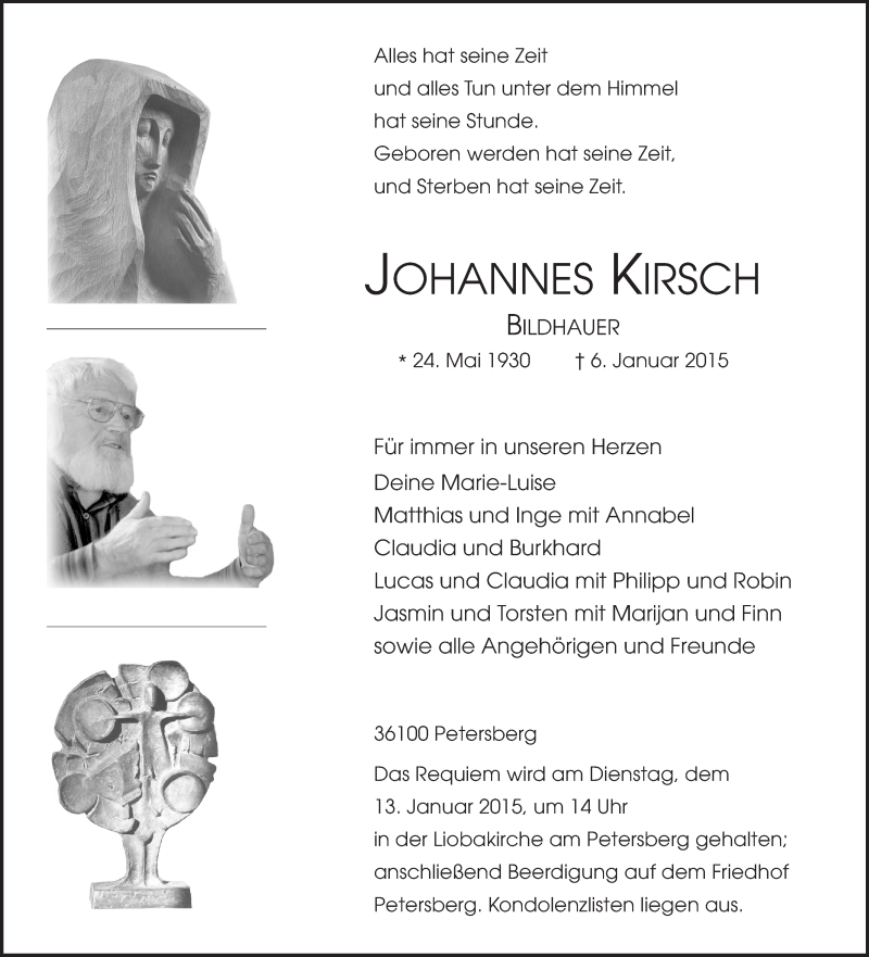  Traueranzeige für Johannes Kirsch vom 10.01.2015 aus 