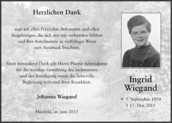 Traueranzeige von Ingrid Wiegand 