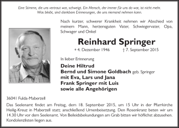 Traueranzeige von Reinhard Springer 