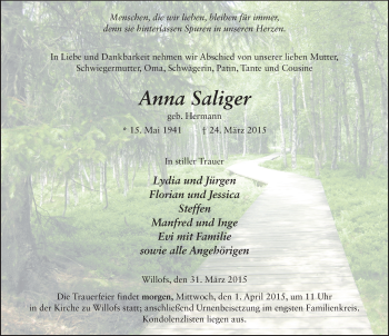 Traueranzeige von Anna Saliger 