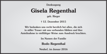 Traueranzeige von Gisela Regenthal 