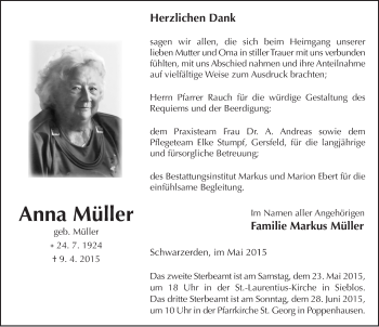 Traueranzeige von Anna Müller 