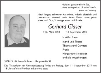 Traueranzeige von Gerhard Gläser 