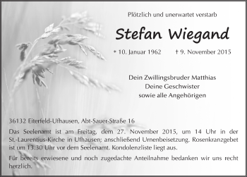 Traueranzeige von Stefan Wiegand 