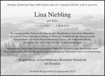 Traueranzeige von Lina Niebling 