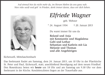 Traueranzeige von Elfriede Wagner 