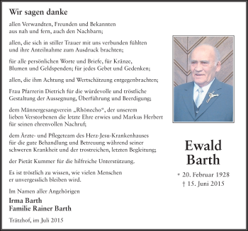 Traueranzeige von Ewald Barth 