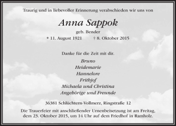 Traueranzeige von Anna Sappok 