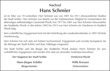 Traueranzeige von Hans Schmier 