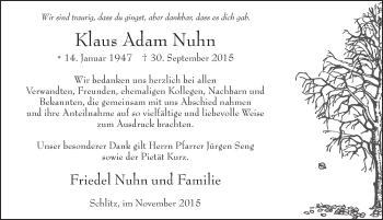 Traueranzeige von Klaus Adam Nuhn 