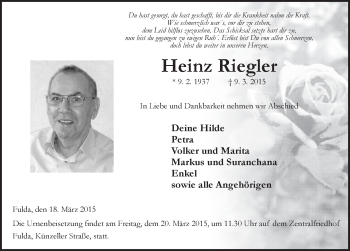 Traueranzeige von Heinz Riegler 