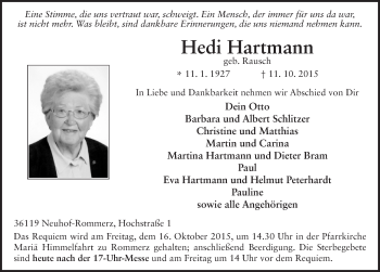 Traueranzeige von Hedi Hartmann 