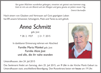 Traueranzeige von Anna Schmitt 