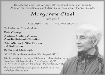Traueranzeige von Margarete Etzel 