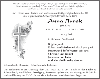 Traueranzeige von Anna Jurek 