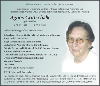 Traueranzeige von Agnes Gottschalk 