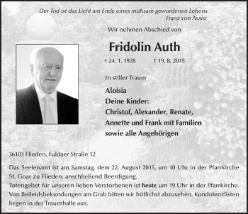Traueranzeige von Fridolin Auth 