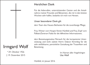 Traueranzeige von Irmgard Wolf 