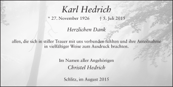 Traueranzeige von Karl Hedirch 