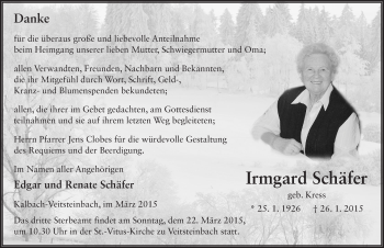 Traueranzeige von Irmgard Schäfer 