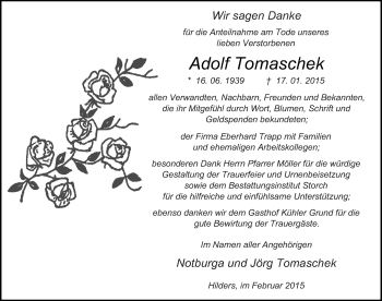 Traueranzeige von Adolf Tomaschek 