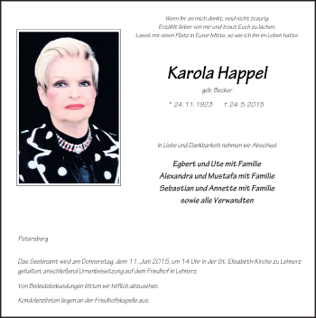 Traueranzeige von Karola Happel 